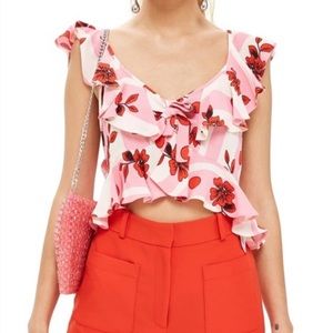 TOPSHOP Pink & Red Floral Ruffle Crop Top Size 6
